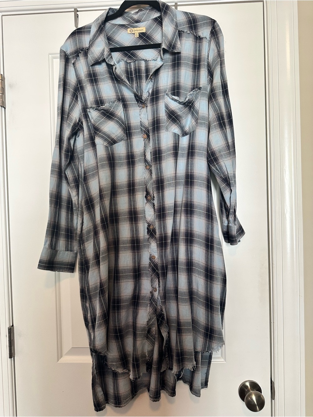 Democracy Plaid Long-Sleeve Button Shirt Dress in Light Blue and Black